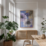 Bright Floral II by Albena Hristova. shown as a print in a natural wood frame in a dining room. Available as a archival giclee rolled canvas, fine art paper, or poster print. SKU 64627h.