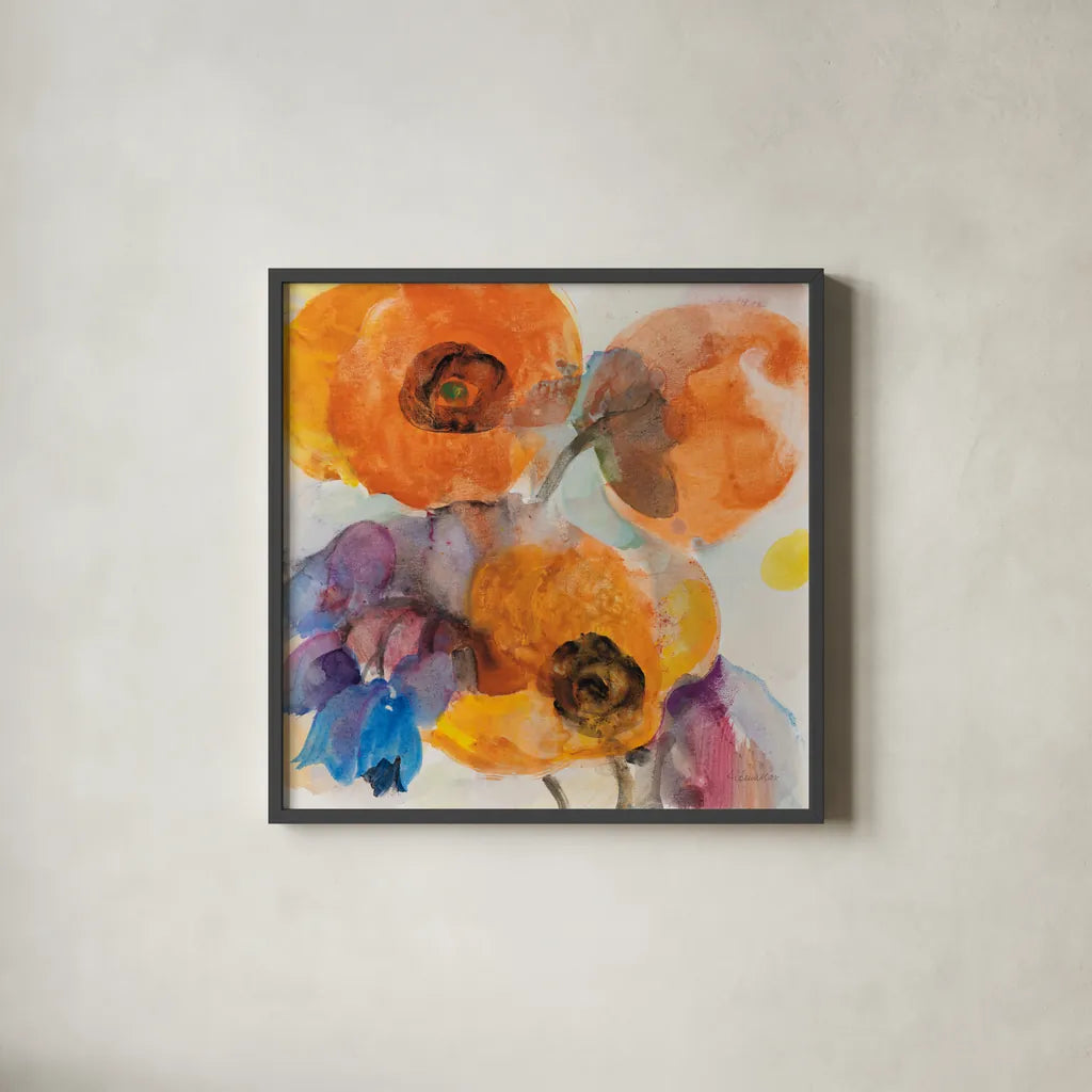 Bright Flowers I by Albena Hristova. Shown in a sleek black glass frame for a contemporary gallery look. Available as an archival giclee rolled canvas, fine art paper, or poster print. SKU 86627a.