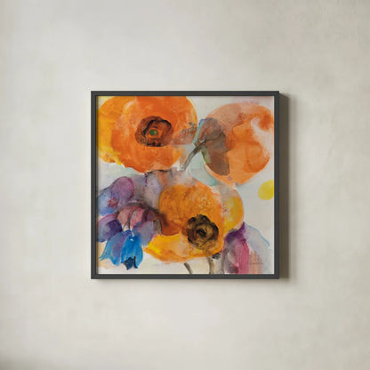 Bright Flowers I by Albena Hristova. Shown in a sleek black glass frame for a contemporary gallery look. Available as an archival giclee rolled canvas, fine art paper, or poster print. SKU 86627a.