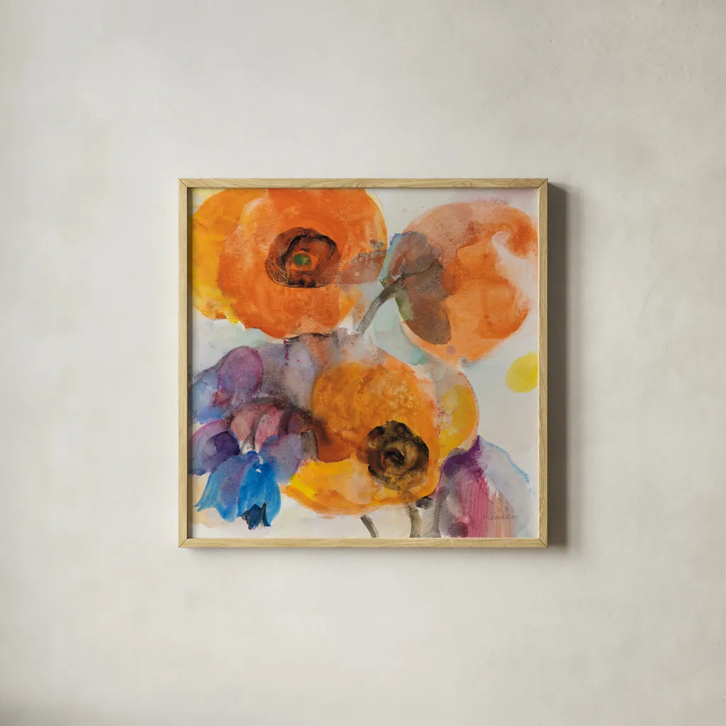 Bright Flowers I by Albena Hristova. Shown in a natural wood glass frame for a timeless modern aesthetic. Available as an archival giclee rolled canvas, fine art paper, or poster print. SKU 86627a.