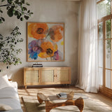 Bright Flowers I by Albena Hristova. Shown in a natural wood frame in a cozy modern living room. Available as an archival giclee rolled canvas, fine art paper, or poster print. SKU 86627a.