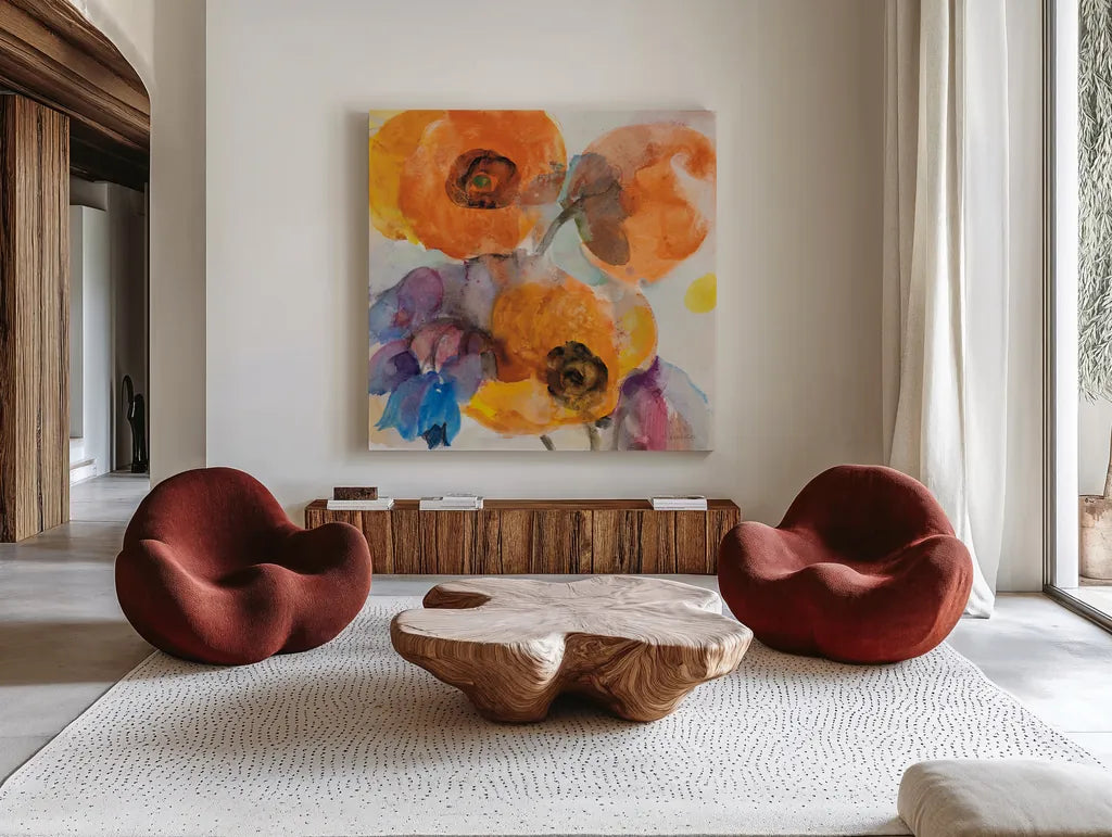 Bright Flowers I by Albena Hristova. Shown as extra-large giant wall art in a modern living room. Available as an archival giclee rolled canvas, fine art paper, or poster print. SKU 86627a.