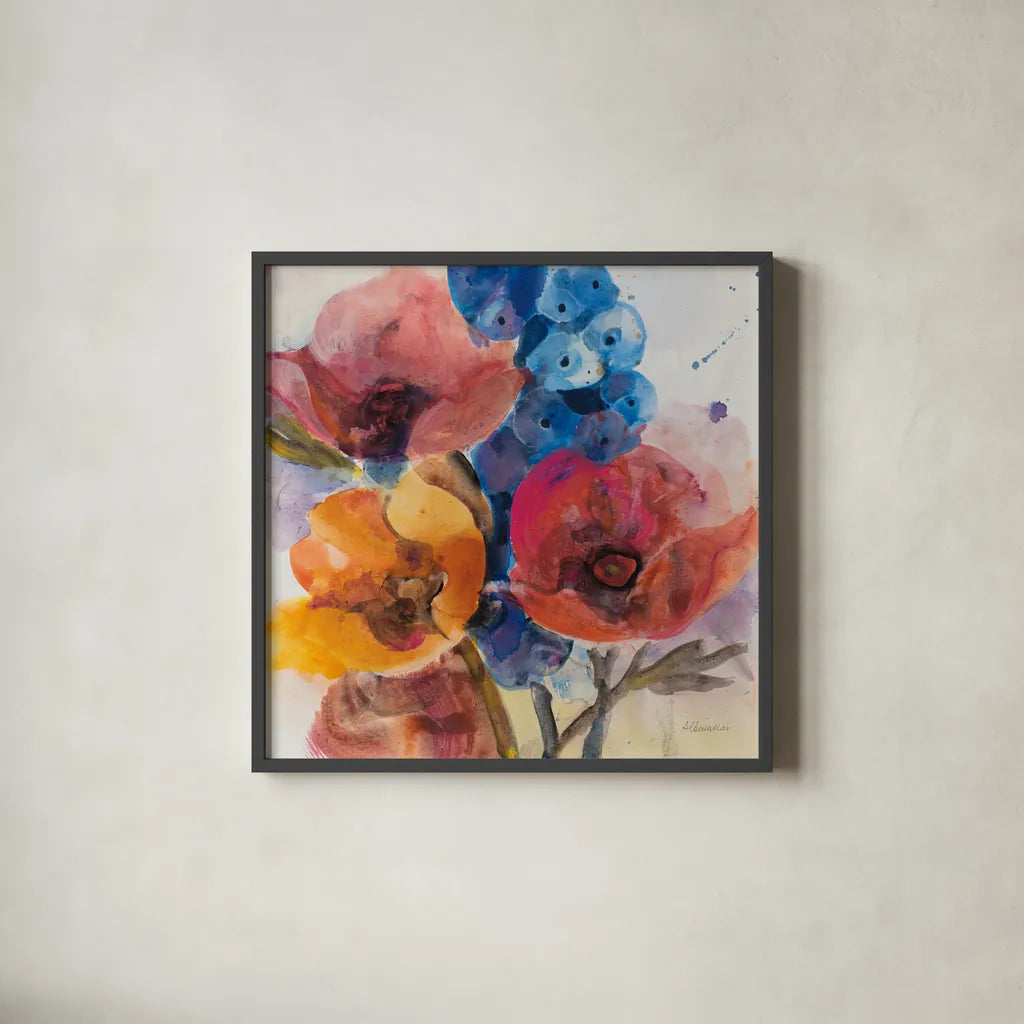 Bright Flowers II by Albena Hristova. Shown in a sleek black glass frame for a contemporary gallery look. Available as an archival giclee rolled canvas, fine art paper, or poster print. SKU 86628a.