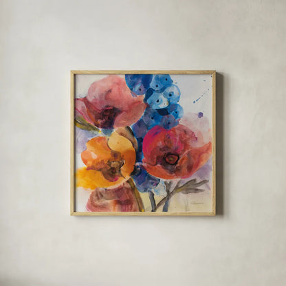 Bright Flowers II by Albena Hristova. Shown in a natural wood glass frame for a timeless modern aesthetic. Available as an archival giclee rolled canvas, fine art paper, or poster print. SKU 86628a.