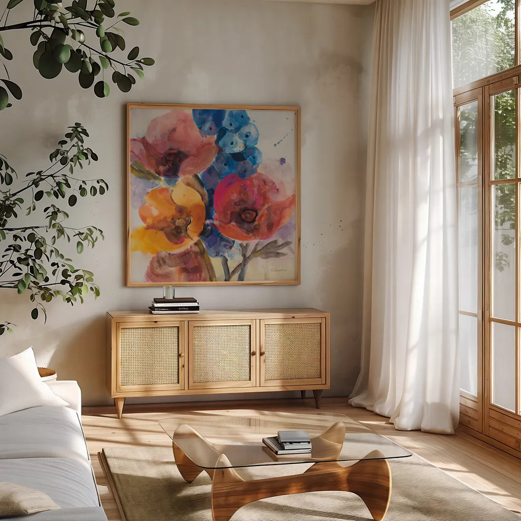 Bright Flowers II by Albena Hristova. Shown in a natural wood frame in a cozy modern living room. Available as an archival giclee rolled canvas, fine art paper, or poster print. SKU 86628a.