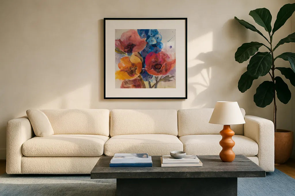 Bright Flowers II by Albena Hristova. Displayed in a glass frame with matte in a clean modern living room. Available as an archival giclee rolled canvas, fine art paper, or poster print. SKU 86628a.