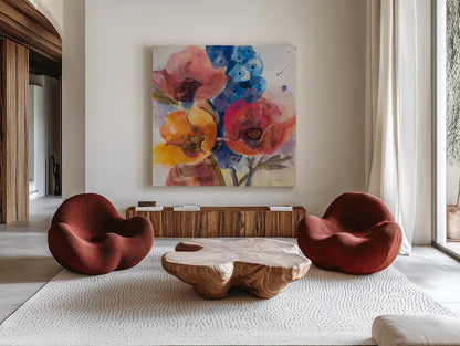 Bright Flowers II by Albena Hristova. Shown as extra-large giant wall art in a modern living room. Available as an archival giclee rolled canvas, fine art paper, or poster print. SKU 86628a.