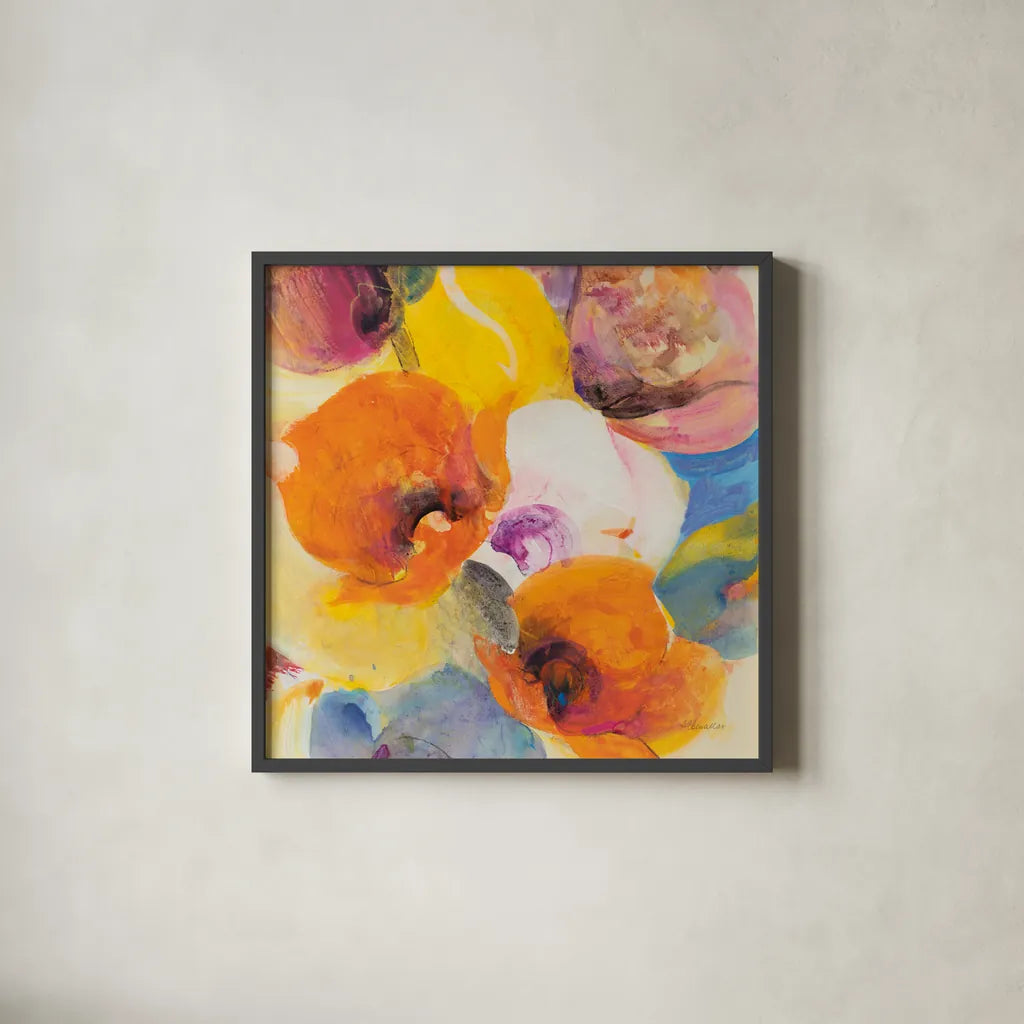 Bright Flowers III by Albena Hristova. Shown in a sleek black glass frame for a contemporary gallery look. Available as an archival giclee rolled canvas, fine art paper, or poster print. SKU 86629a.