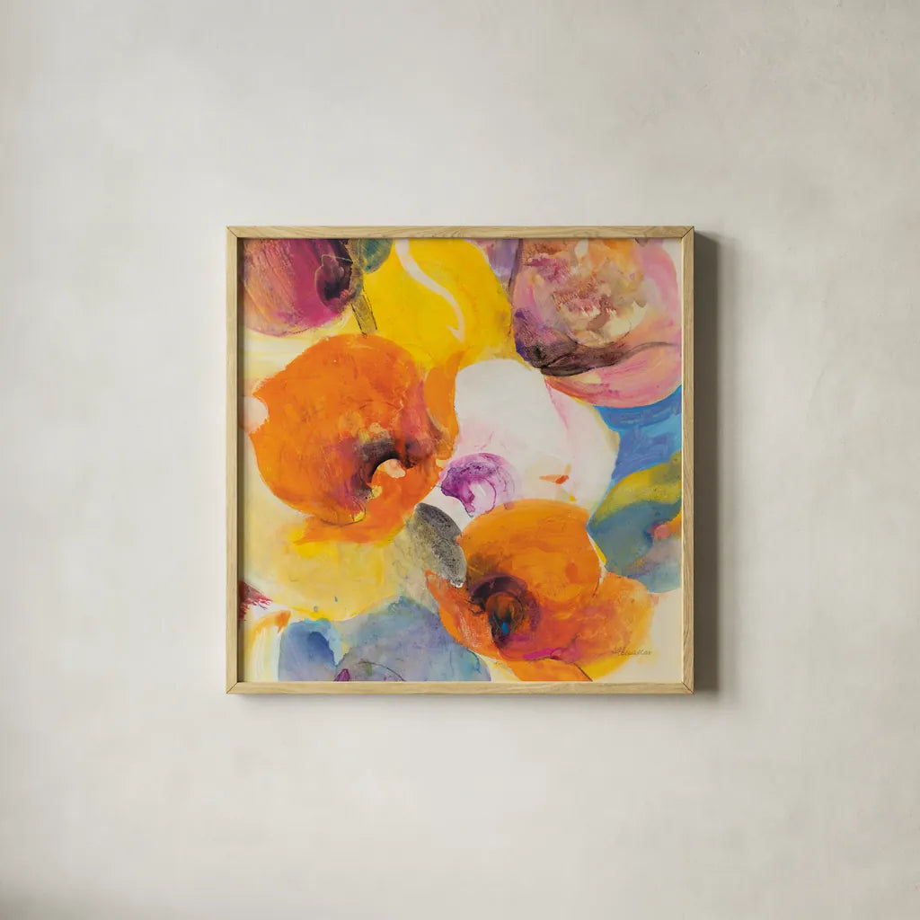 Bright Flowers III by Albena Hristova. Shown in a natural wood glass frame for a timeless modern aesthetic. Available as an archival giclee rolled canvas, fine art paper, or poster print. SKU 86629a.