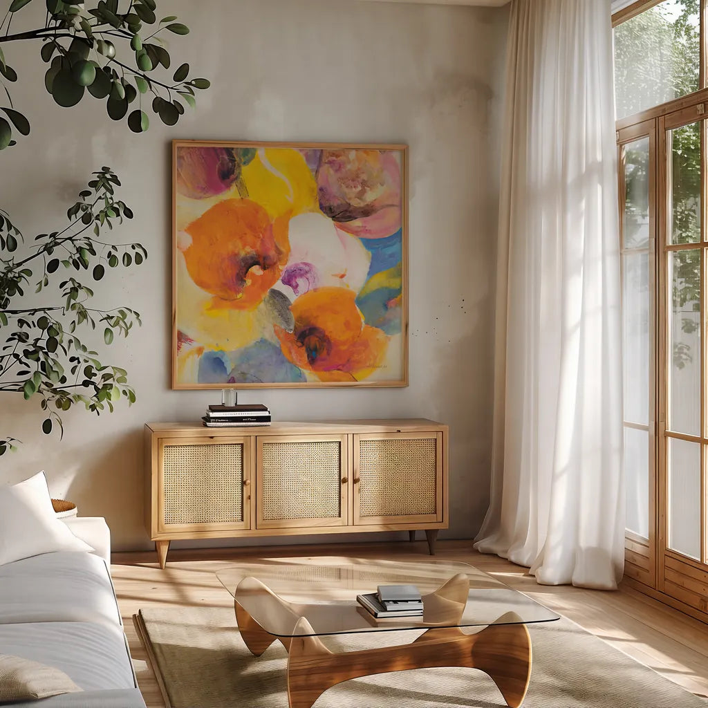 Bright Flowers III by Albena Hristova. Shown in a natural wood frame in a cozy modern living room. Available as an archival giclee rolled canvas, fine art paper, or poster print. SKU 86629a.