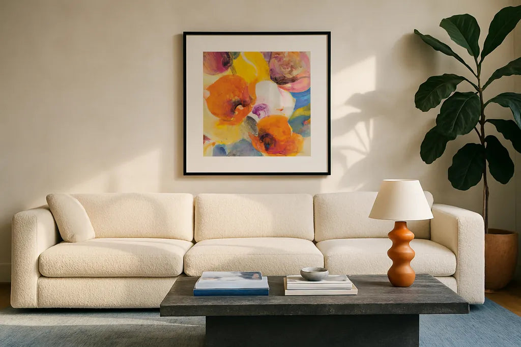 Bright Flowers III by Albena Hristova. Displayed in a glass frame with matte in a clean modern living room. Available as an archival giclee rolled canvas, fine art paper, or poster print. SKU 86629a.