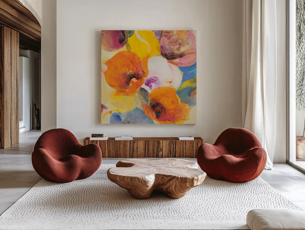 Bright Flowers III by Albena Hristova. Shown as extra-large giant wall art in a modern living room. Available as an archival giclee rolled canvas, fine art paper, or poster print. SKU 86629a.