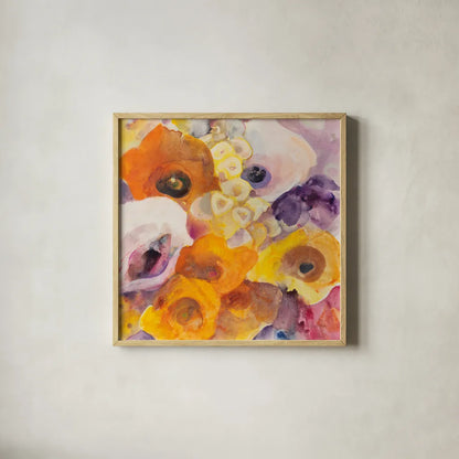 Bright Flowers IV by Albena Hristova. Shown in a natural wood glass frame for a timeless modern aesthetic. Available as an archival giclee rolled canvas, fine art paper, or poster print. SKU 86907a.