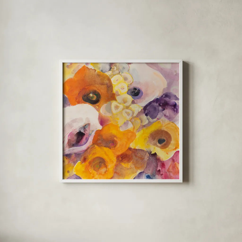 Bright Flowers IV by Albena Hristova. Shown in a crisp white glass frame for a clean and minimalist style. Available as an archival giclee rolled canvas, fine art paper, or poster print. SKU 86907a.