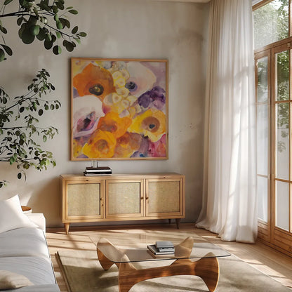 Bright Flowers IV by Albena Hristova. Shown in a natural wood frame in a cozy modern living room. Available as an archival giclee rolled canvas, fine art paper, or poster print. SKU 86907a.