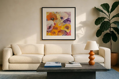 Bright Flowers IV by Albena Hristova. Displayed in a glass frame with matte in a clean modern living room. Available as an archival giclee rolled canvas, fine art paper, or poster print. SKU 86907a.