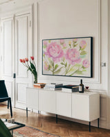 Bright Peonies by Albena Hristova. shown as a framed stretched canvas in a living room above a console. Available as a archival giclee rolled canvas, fine art paper, or poster print. SKU 54827i.
