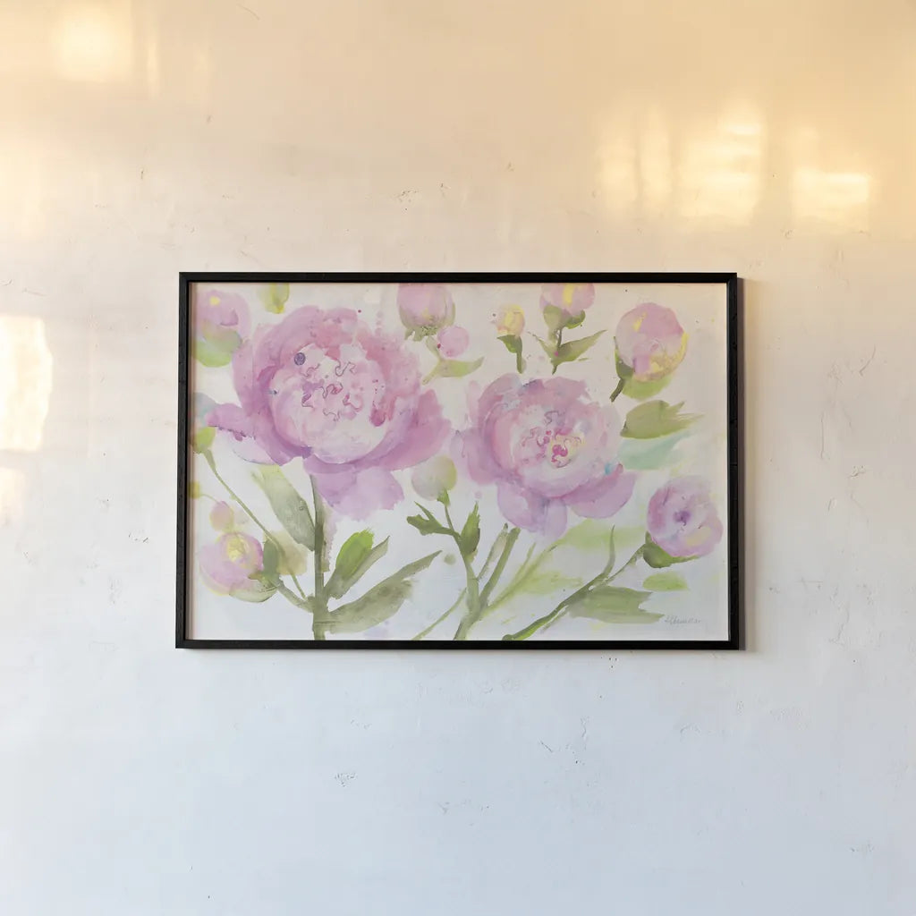 Bright Peonies by Albena Hristova. shown as a paper print in a black flame. Available as a archival giclee rolled canvas, fine art paper, or poster print. SKU 54827i.