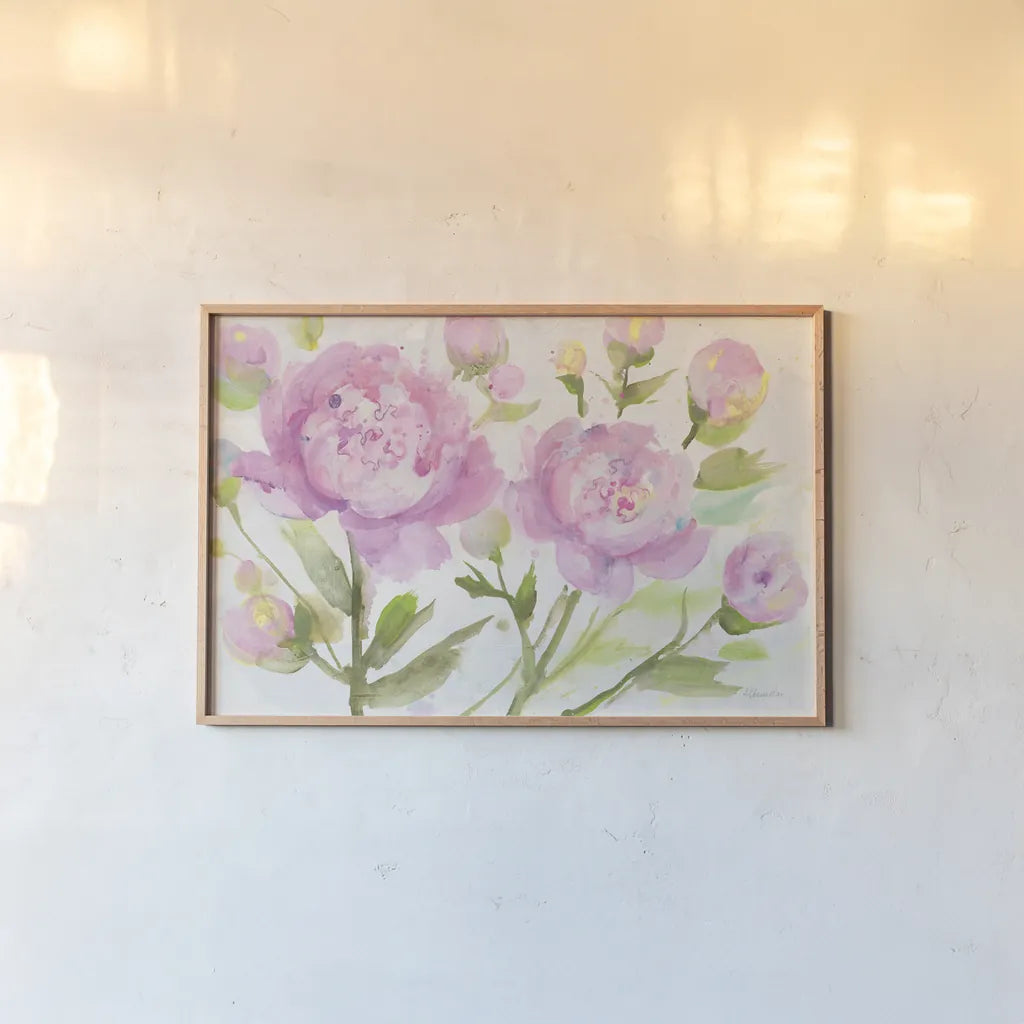 Bright Peonies by Albena Hristova. shown as a paper print in a natural frame. Available as a archival giclee rolled canvas, fine art paper, or poster print. SKU 54827i.