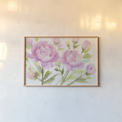 Bright Peonies by Albena Hristova. shown as a paper print in a natural frame. Available as a archival giclee rolled canvas, fine art paper, or poster print. SKU 54827i.