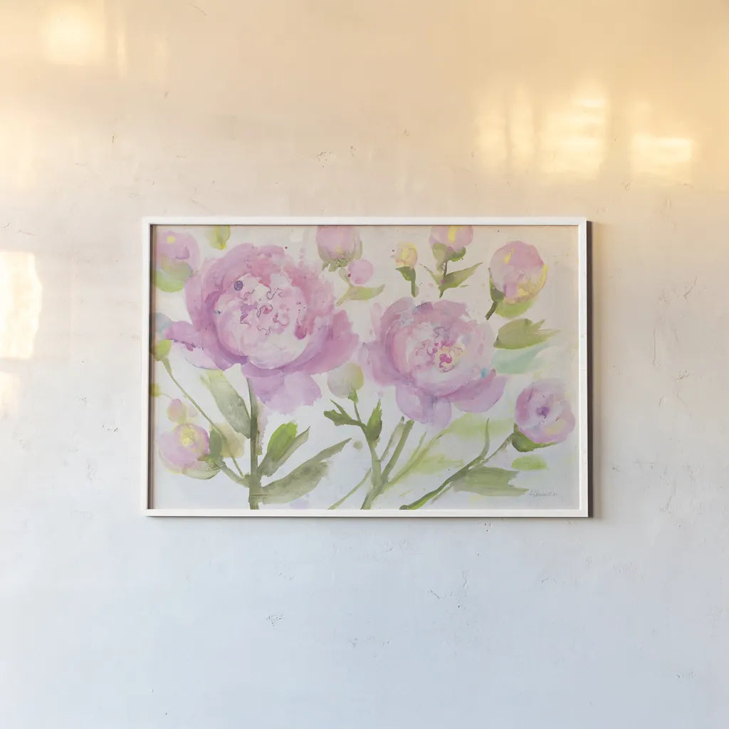 Bright Peonies by Albena Hristova. shown as a paper print in a white frame. Available as a archival giclee rolled canvas, fine art paper, or poster print. SKU 54827i.