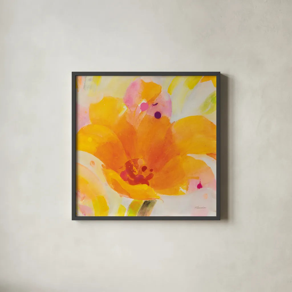 Bright Tulips I by Albena Hristova. Shown in a sleek black glass frame for a contemporary gallery look. Available as an archival giclee rolled canvas, fine art paper, or poster print. SKU 80163a.