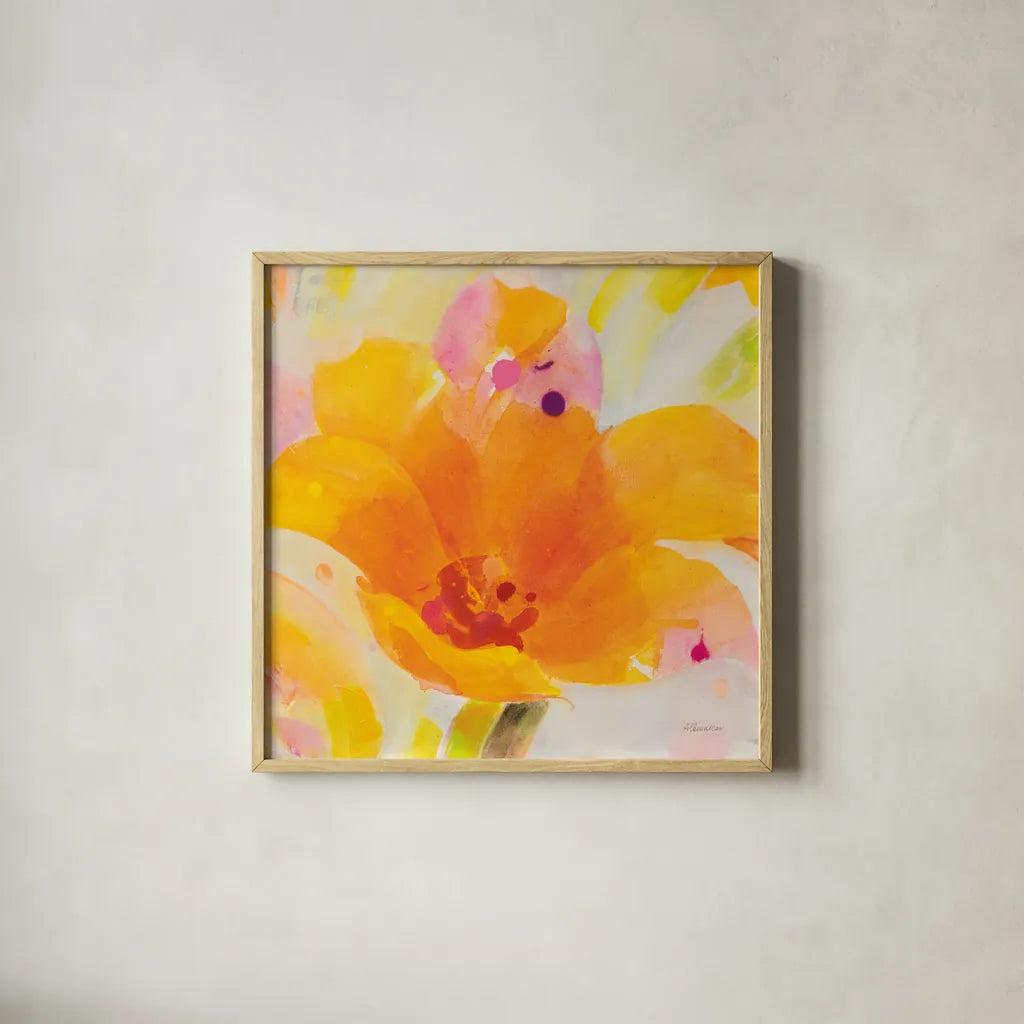 Bright Tulips I by Albena Hristova. Shown in a natural wood glass frame for a timeless modern aesthetic. Available as an archival giclee rolled canvas, fine art paper, or poster print. SKU 80163a.