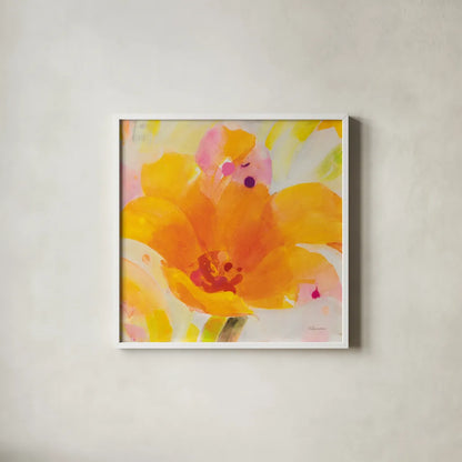 Bright Tulips I by Albena Hristova. Shown in a crisp white glass frame for a clean and minimalist style. Available as an archival giclee rolled canvas, fine art paper, or poster print. SKU 80163a.