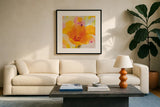 Bright Tulips I by Albena Hristova. Displayed in a glass frame with matte in a clean modern living room. Available as an archival giclee rolled canvas, fine art paper, or poster print. SKU 80163a.