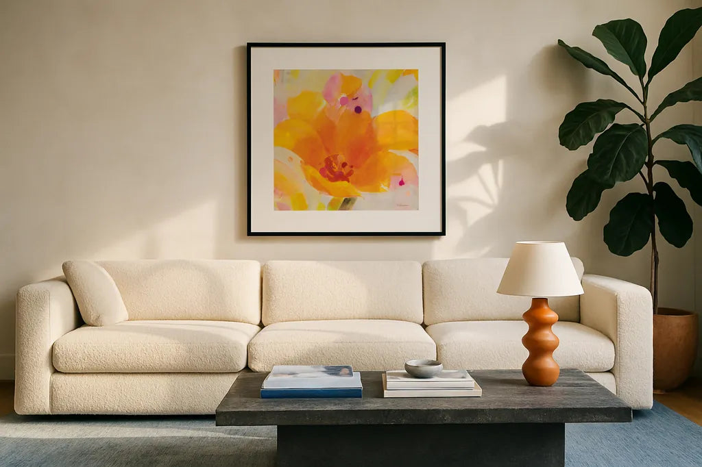 Bright Tulips I by Albena Hristova. Displayed in a glass frame with matte in a clean modern living room. Available as an archival giclee rolled canvas, fine art paper, or poster print. SKU 80163a.