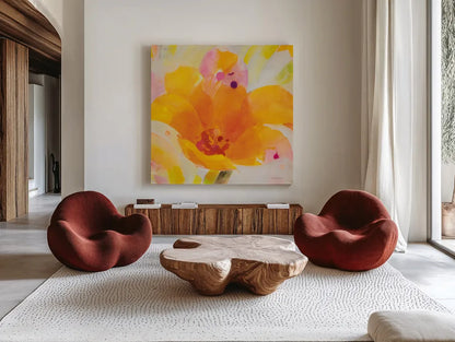 Bright Tulips I by Albena Hristova. Shown as extra-large giant wall art in a modern living room. Available as an archival giclee rolled canvas, fine art paper, or poster print. SKU 80163a.