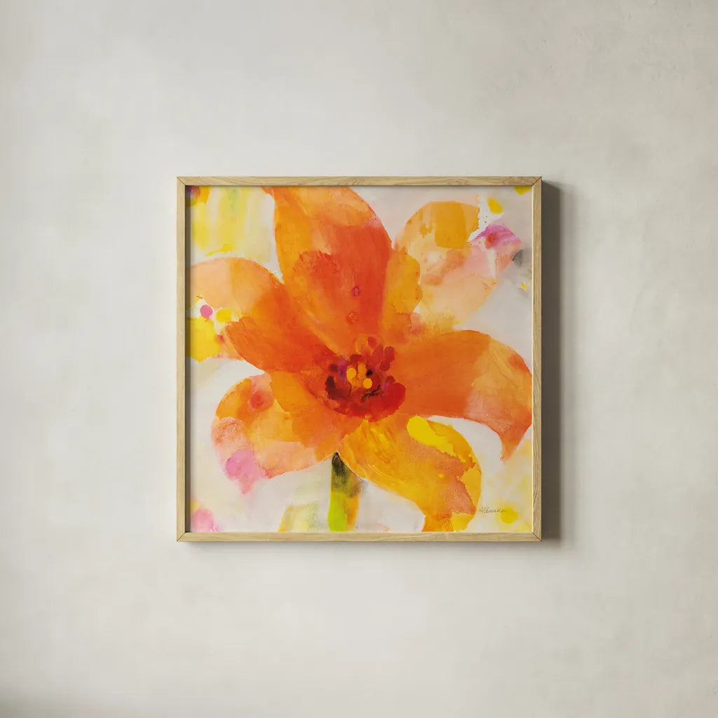 Bright Tulips II by Albena Hristova. Shown in a natural wood glass frame for a timeless modern aesthetic. Available as an archival giclee rolled canvas, fine art paper, or poster print. SKU 80164a.