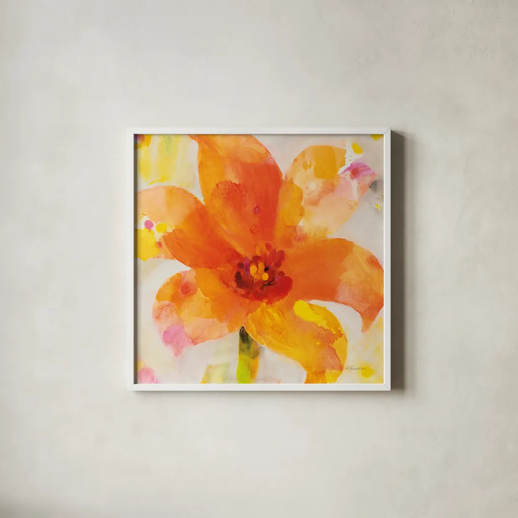 Bright Tulips II by Albena Hristova. Shown in a crisp white glass frame for a clean and minimalist style. Available as an archival giclee rolled canvas, fine art paper, or poster print. SKU 80164a.