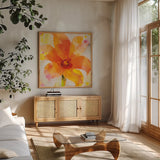 Bright Tulips II by Albena Hristova. Shown in a natural wood frame in a cozy modern living room. Available as an archival giclee rolled canvas, fine art paper, or poster print. SKU 80164a.