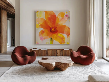 Bright Tulips II by Albena Hristova. Shown as extra-large giant wall art in a modern living room. Available as an archival giclee rolled canvas, fine art paper, or poster print. SKU 80164a.