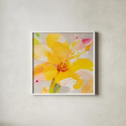 Bright Tulips III by Albena Hristova. Shown in a crisp white glass frame for a clean and minimalist style. Available as an archival giclee rolled canvas, fine art paper, or poster print. SKU 80165a.