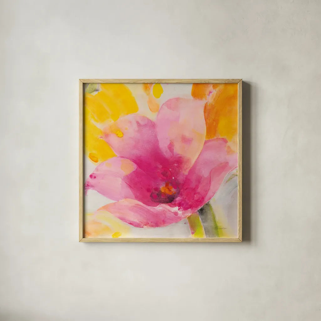 Bright Tulips IV by Albena Hristova. Shown in a natural wood glass frame for a timeless modern aesthetic. Available as an archival giclee rolled canvas, fine art paper, or poster print. SKU 80166a.