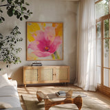 Bright Tulips IV by Albena Hristova. Shown in a natural wood frame in a cozy modern living room. Available as an archival giclee rolled canvas, fine art paper, or poster print. SKU 80166a.
