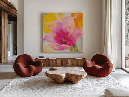 Bright Tulips IV by Albena Hristova. Shown as extra-large giant wall art in a modern living room. Available as an archival giclee rolled canvas, fine art paper, or poster print. SKU 80166a.