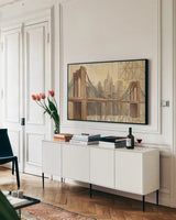 Brooklyn Bridge by Albena Hristova. shown as a framed stretched canvas in a living room above a console. Available as a archival giclee rolled canvas, fine art paper, or poster print. SKU 4196i.