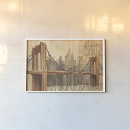 Brooklyn Bridge by Albena Hristova. shown as a paper print in a white frame. Available as a archival giclee rolled canvas, fine art paper, or poster print. SKU 4196i.