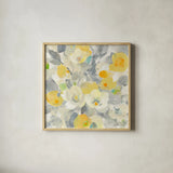 Buttercups I by Albena Hristova. Shown in a natural wood glass frame for a timeless modern aesthetic. Available as an archival giclee rolled canvas, fine art paper, or poster print. SKU 22473a.