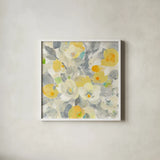 Buttercups I by Albena Hristova. Shown in a crisp white glass frame for a clean and minimalist style. Available as an archival giclee rolled canvas, fine art paper, or poster print. SKU 22473a.