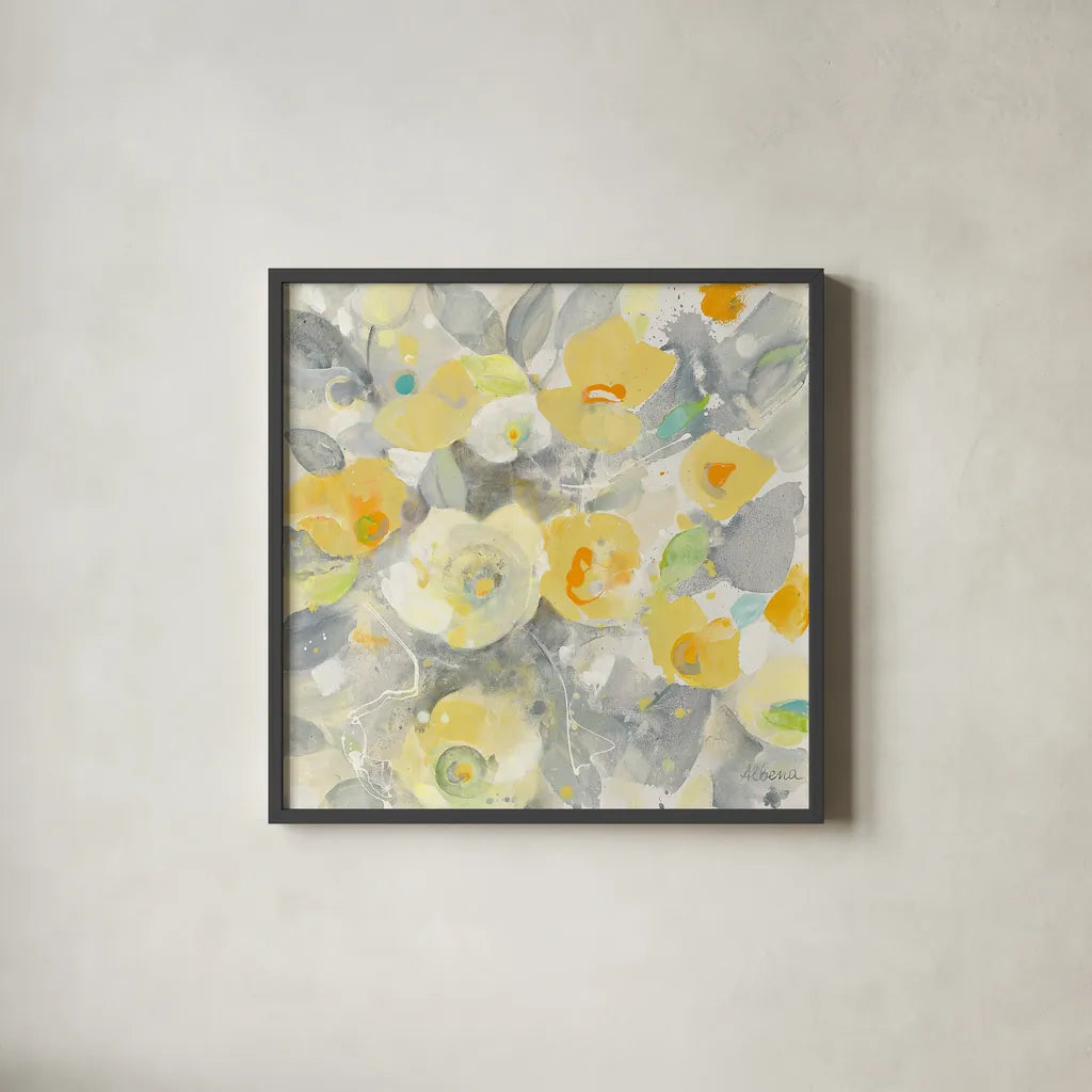 Buttercups II by Albena Hristova. Shown in a sleek black glass frame for a contemporary gallery look. Available as an archival giclee rolled canvas, fine art paper, or poster print. SKU 22474a.