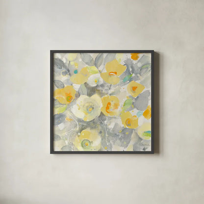 Buttercups II by Albena Hristova. Shown in a sleek black glass frame for a contemporary gallery look. Available as an archival giclee rolled canvas, fine art paper, or poster print. SKU 22474a.