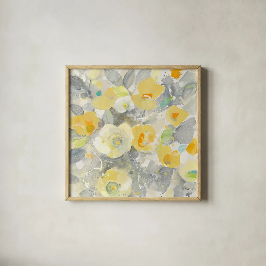 Buttercups II by Albena Hristova. Shown in a natural wood glass frame for a timeless modern aesthetic. Available as an archival giclee rolled canvas, fine art paper, or poster print. SKU 22474a.