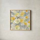 Buttercups II by Albena Hristova. Shown in a natural wood glass frame for a timeless modern aesthetic. Available as an archival giclee rolled canvas, fine art paper, or poster print. SKU 22474a.