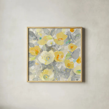 Buttercups II by Albena Hristova. Shown in a natural wood glass frame for a timeless modern aesthetic. Available as an archival giclee rolled canvas, fine art paper, or poster print. SKU 22474a.