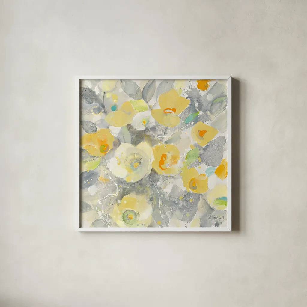 Buttercups II by Albena Hristova. Shown in a crisp white glass frame for a clean and minimalist style. Available as an archival giclee rolled canvas, fine art paper, or poster print. SKU 22474a.