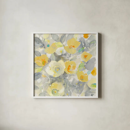 Buttercups II by Albena Hristova. Shown in a crisp white glass frame for a clean and minimalist style. Available as an archival giclee rolled canvas, fine art paper, or poster print. SKU 22474a.